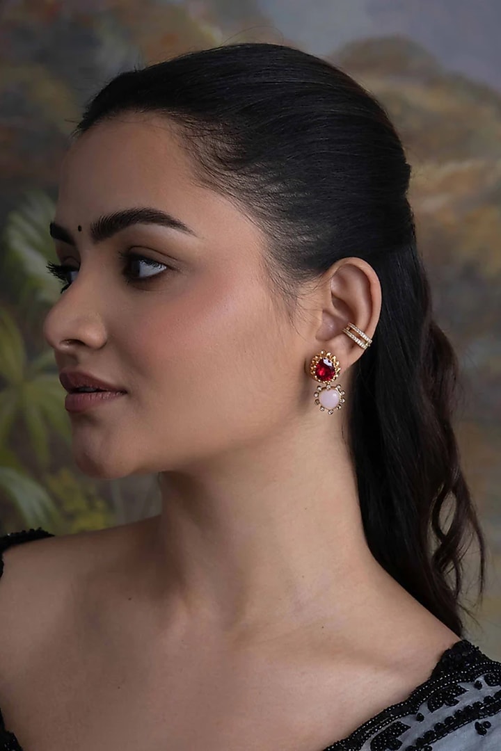 Gold Plated Cubic Zirconia Dangler Earrings With Ear Cuff by AMAMA at Pernia's Pop Up Shop
