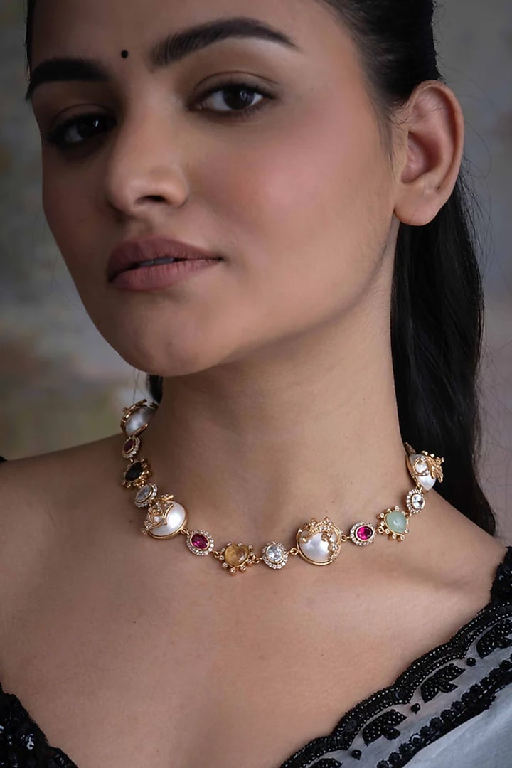 Gold Plated Cubic Zirconia & Faux Pearl Necklace by AMAMA at Pernia's Pop Up Shop