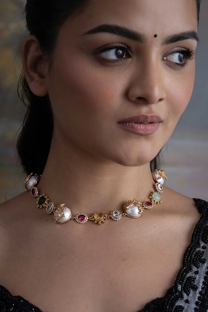 Gold Plated Cubic Zirconia & Faux Pearl Necklace by AMAMA at Pernia's Pop Up Shop