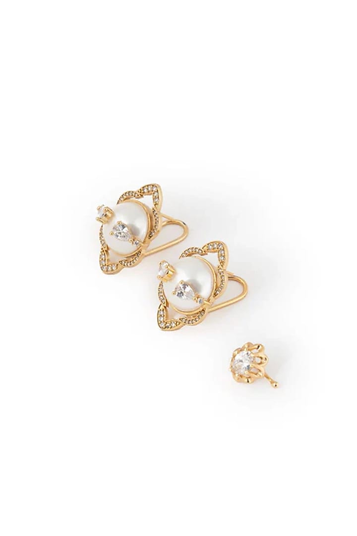 Gold Plated Cubic Zirconia Dangler Earrings With Ear Cuff by AMAMA at Pernia's Pop Up Shop