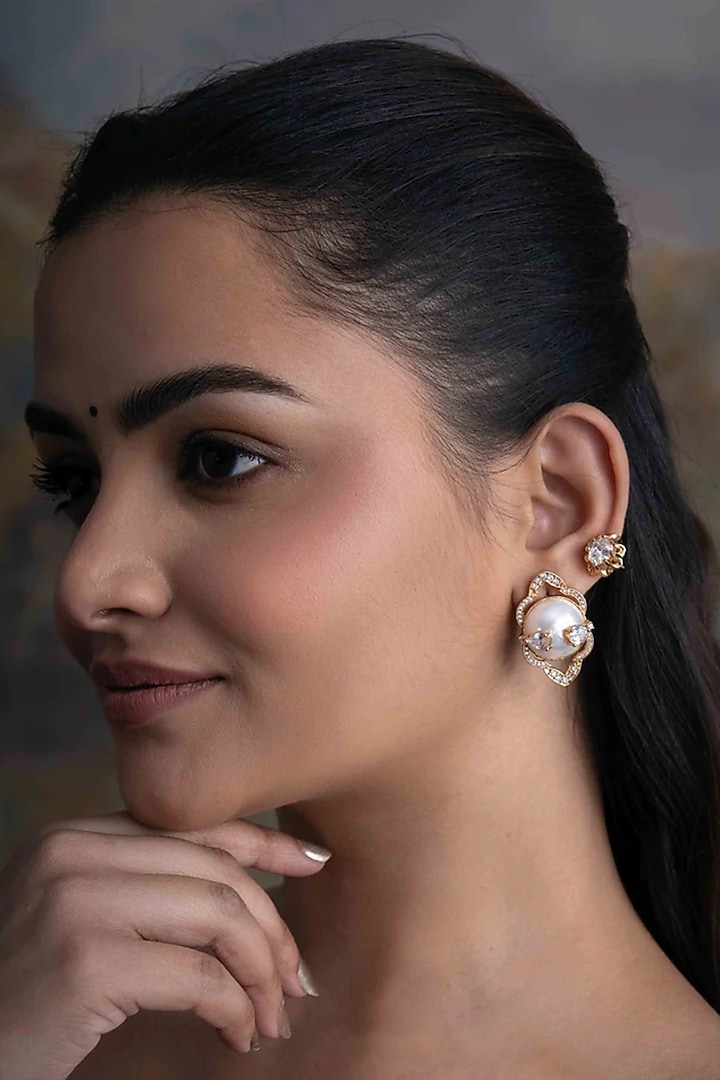 Gold Plated Cubic Zirconia Dangler Earrings With Ear Cuff by AMAMA at Pernia's Pop Up Shop