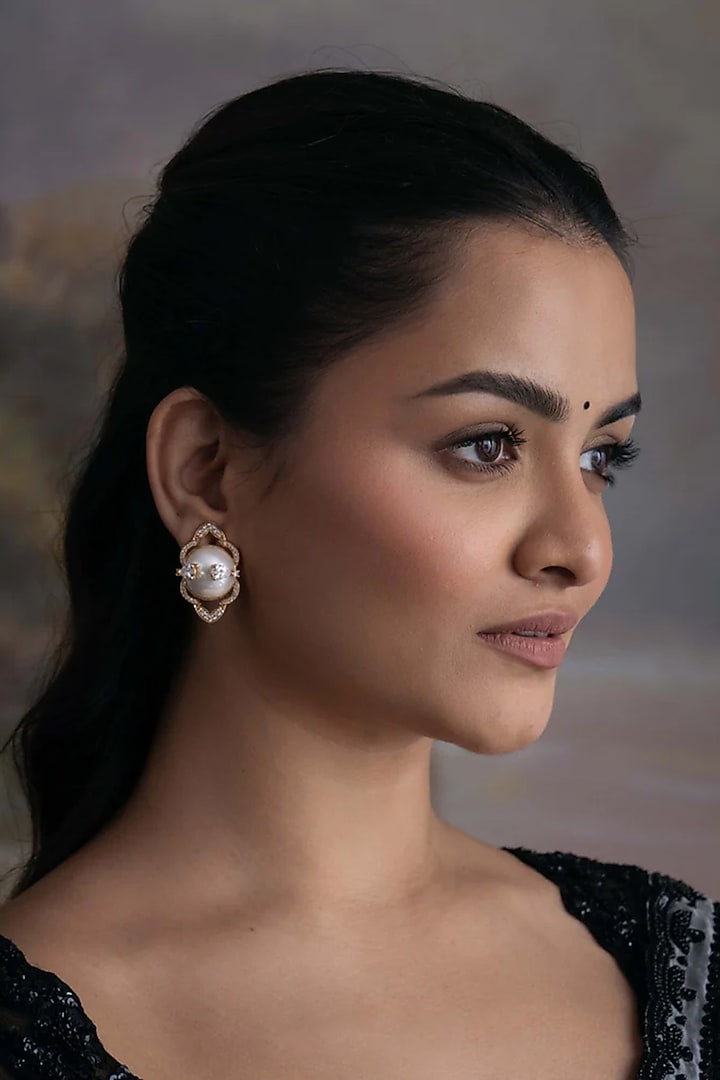 Gold Plated Cubic Zirconia Dangler Earrings With Ear Cuff by AMAMA at Pernia's Pop Up Shop