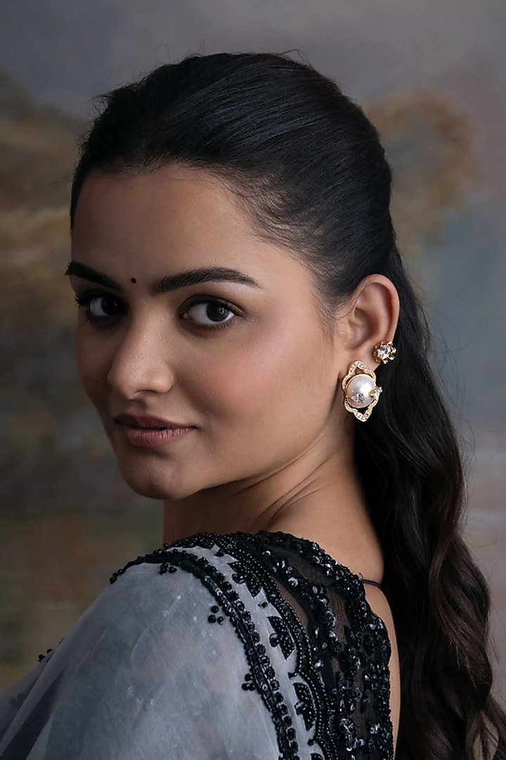Gold Plated Cubic Zirconia Dangler Earrings With Ear Cuff by AMAMA at Pernia's Pop Up Shop