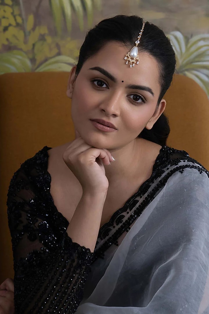 Gold Plated Cubic Zirconia & Faux Pearl Maangtikka by AMAMA at Pernia's Pop Up Shop