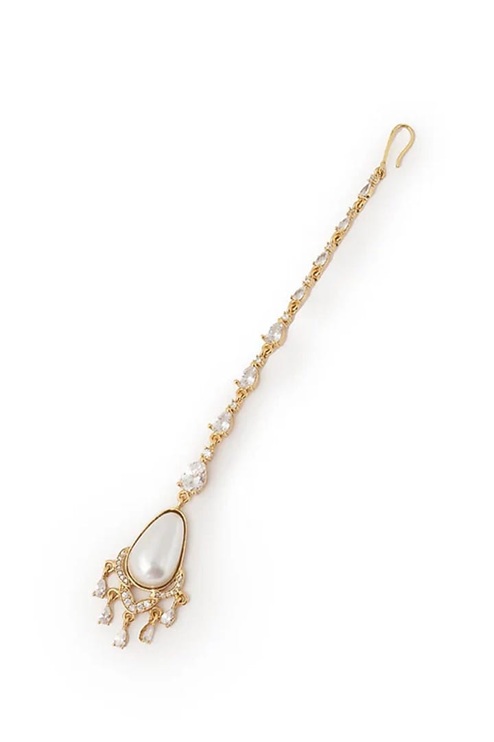 Gold Plated Cubic Zirconia & Faux Pearl Maangtikka by AMAMA at Pernia's Pop Up Shop