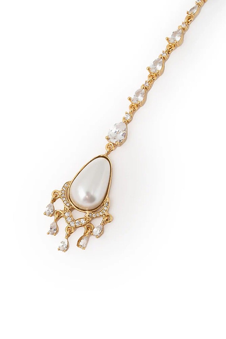 Gold Plated Cubic Zirconia & Faux Pearl Maangtikka by AMAMA at Pernia's Pop Up Shop