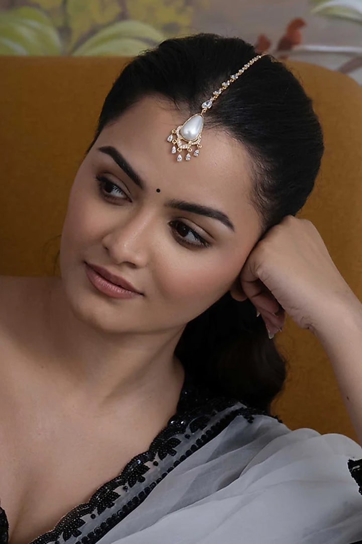Gold Plated Cubic Zirconia & Faux Pearl Maangtikka by AMAMA at Pernia's Pop Up Shop