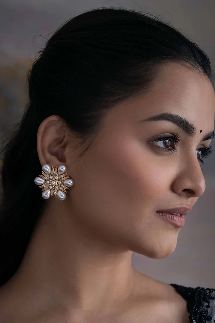 Gold Plated Cubic Zirconia Floral Stud Earrings by AMAMA at Pernia's Pop Up Shop
