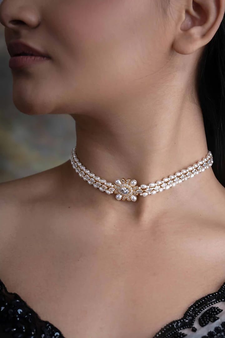 Gold Plated Cubic Zirconia & Faux Pearl Choker Necklace by AMAMA at Pernia's Pop Up Shop