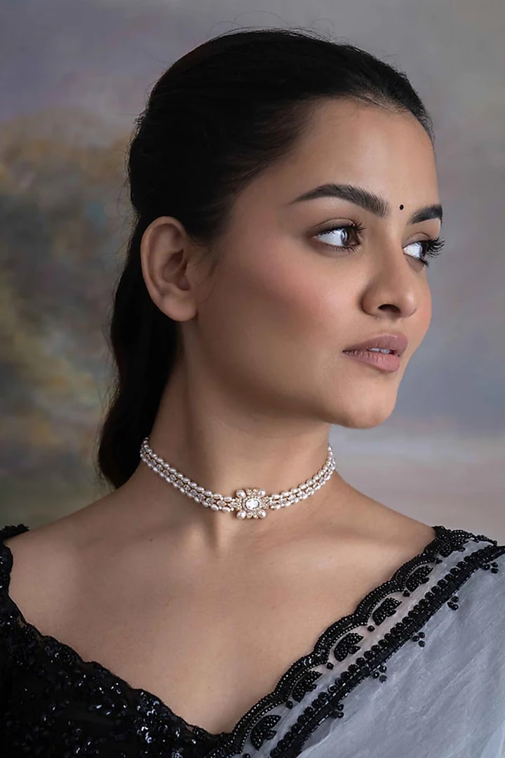 Gold Plated Cubic Zirconia & Faux Pearl Choker Necklace by AMAMA at Pernia's Pop Up Shop