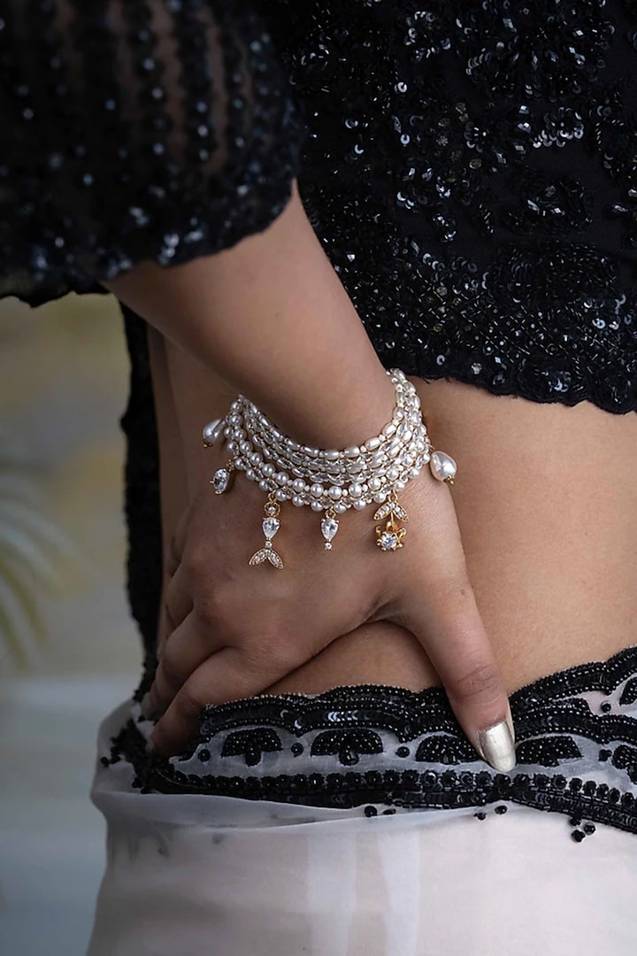 Gold Plated Cubic Zirconia & Faux Pearl Bracelet by AMAMA at Pernia's Pop Up Shop