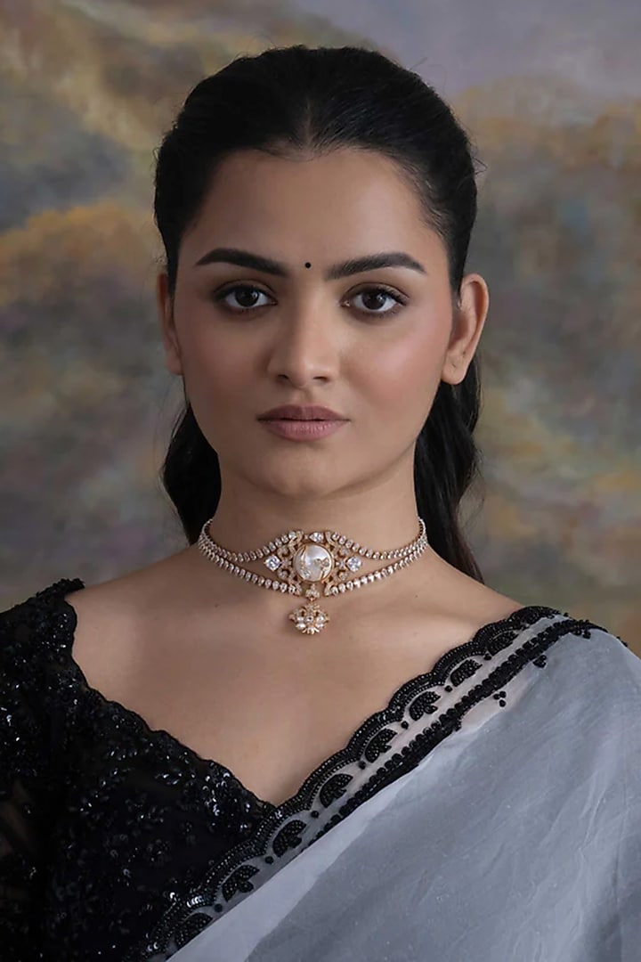 Gold Plated Cubic Zirconia & Faux Pearl Choker Necklace by AMAMA at Pernia's Pop Up Shop