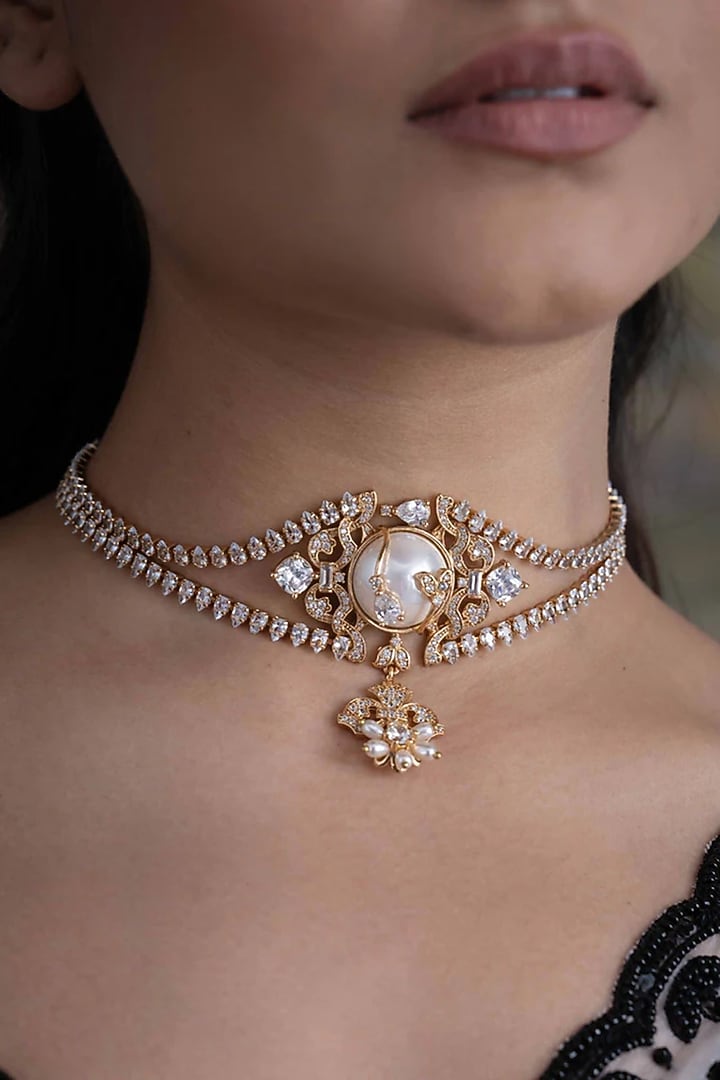 Gold Plated Cubic Zirconia & Faux Pearl Choker Necklace by AMAMA at Pernia's Pop Up Shop