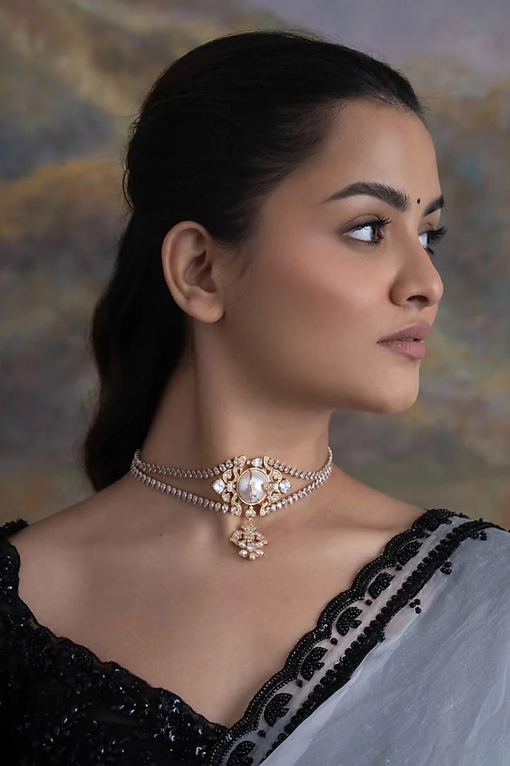 Gold Plated Cubic Zirconia & Faux Pearl Choker Necklace by AMAMA at Pernia's Pop Up Shop