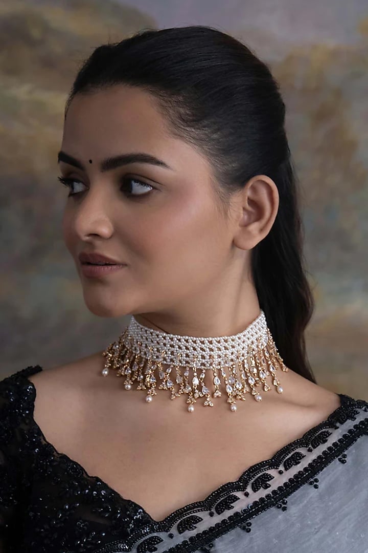 Gold Plated Cubic Zirconia & Faux Pearl Choker Necklace by AMAMA at Pernia's Pop Up Shop
