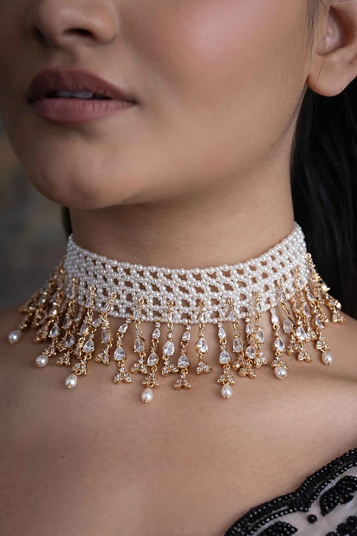 Gold Plated Cubic Zirconia & Faux Pearl Choker Necklace by AMAMA at Pernia's Pop Up Shop