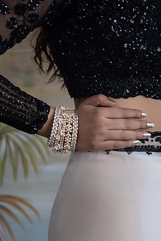 Gold Plated Cubic Zirconia & Faux Pearl Bangles (Set Of 5) by AMAMA
