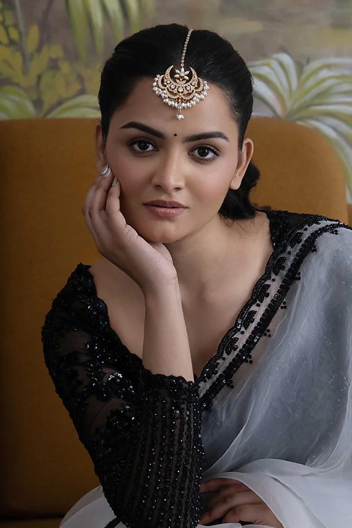 Gold Plated Cubic Zirconia & Faux Pearl Maangtikka by AMAMA at Pernia's Pop Up Shop