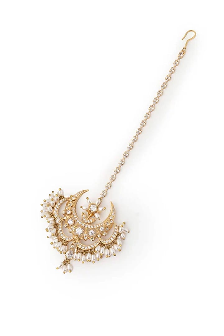Gold Plated Cubic Zirconia & Faux Pearl Maangtikka by AMAMA at Pernia's Pop Up Shop