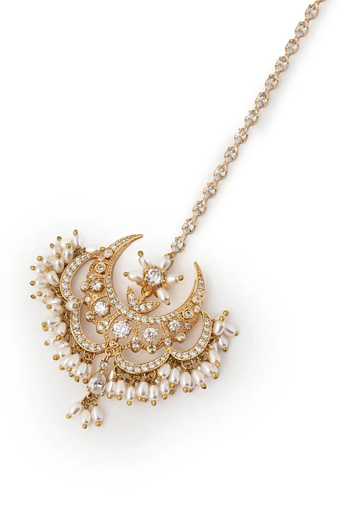 Gold Plated Cubic Zirconia & Faux Pearl Maangtikka by AMAMA at Pernia's Pop Up Shop