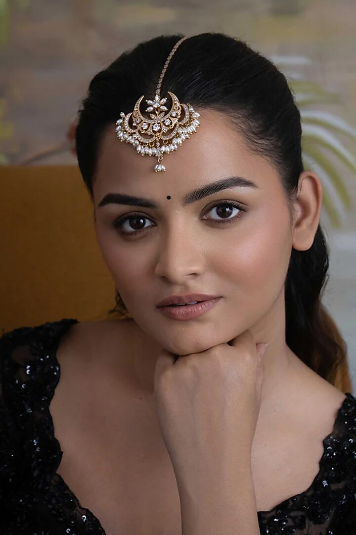 Gold Plated Cubic Zirconia & Faux Pearl Maangtikka by AMAMA at Pernia's Pop Up Shop