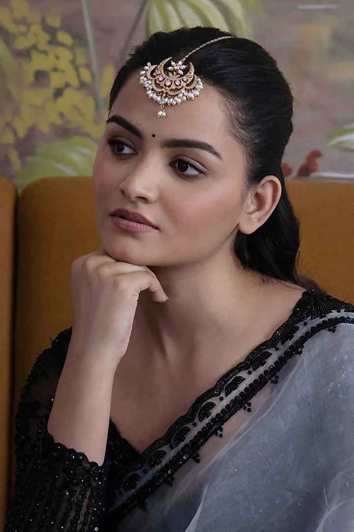 Gold Plated Cubic Zirconia & Faux Pearl Maangtikka by AMAMA at Pernia's Pop Up Shop