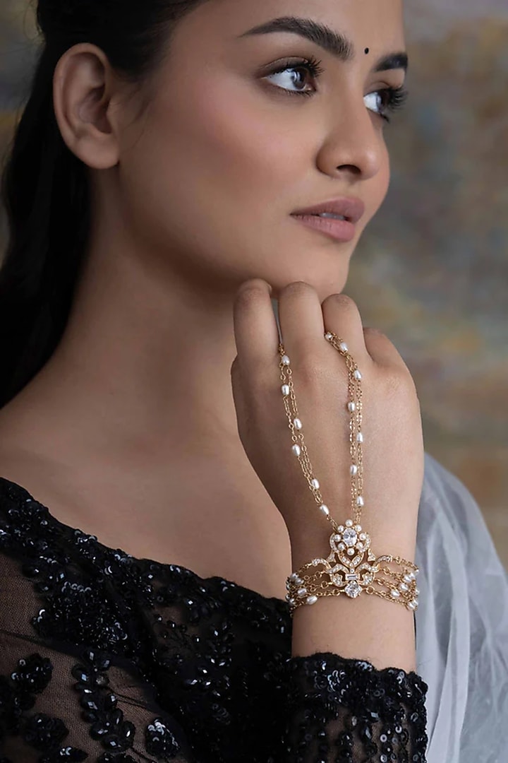 Gold Plated Cubic Zirconia & Faux Pearl Bracelet by AMAMA at Pernia's Pop Up Shop