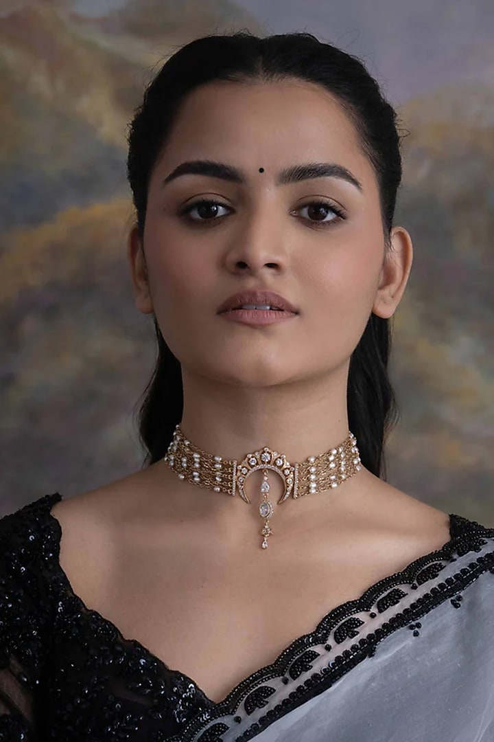 Gold Plated Faux Pearl & Cubic Zirconia Choker Necklace by AMAMA at Pernia's Pop Up Shop