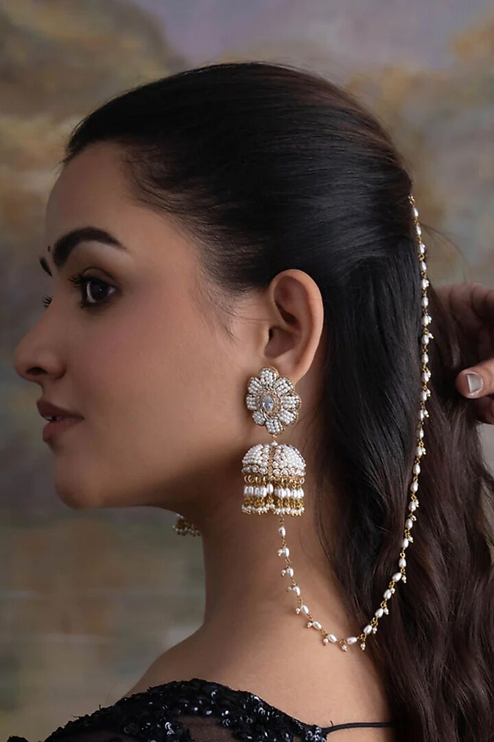Gold Plated Cubic Zirconia Jhumka Earrings by AMAMA at Pernia's Pop Up Shop