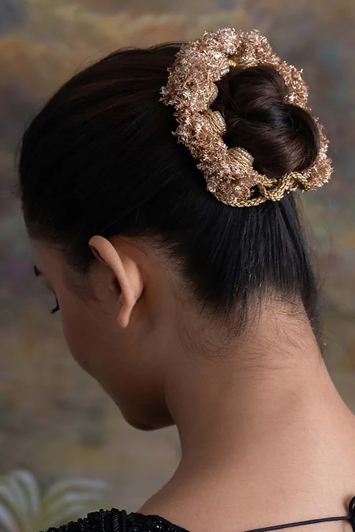 Gold Finish Zari Thread & Kiran Lace Work Hair Accessory by AMAMA at Pernia's Pop Up Shop