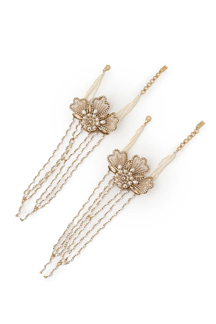 Gold Plated Faux Pearl & Chaton Stone Haathphools (Set Of 2) by AMAMA at Pernia's Pop Up Shop