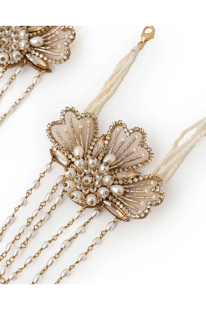 Gold Plated Faux Pearl & Chaton Stone Haathphools (Set Of 2) by AMAMA at Pernia's Pop Up Shop