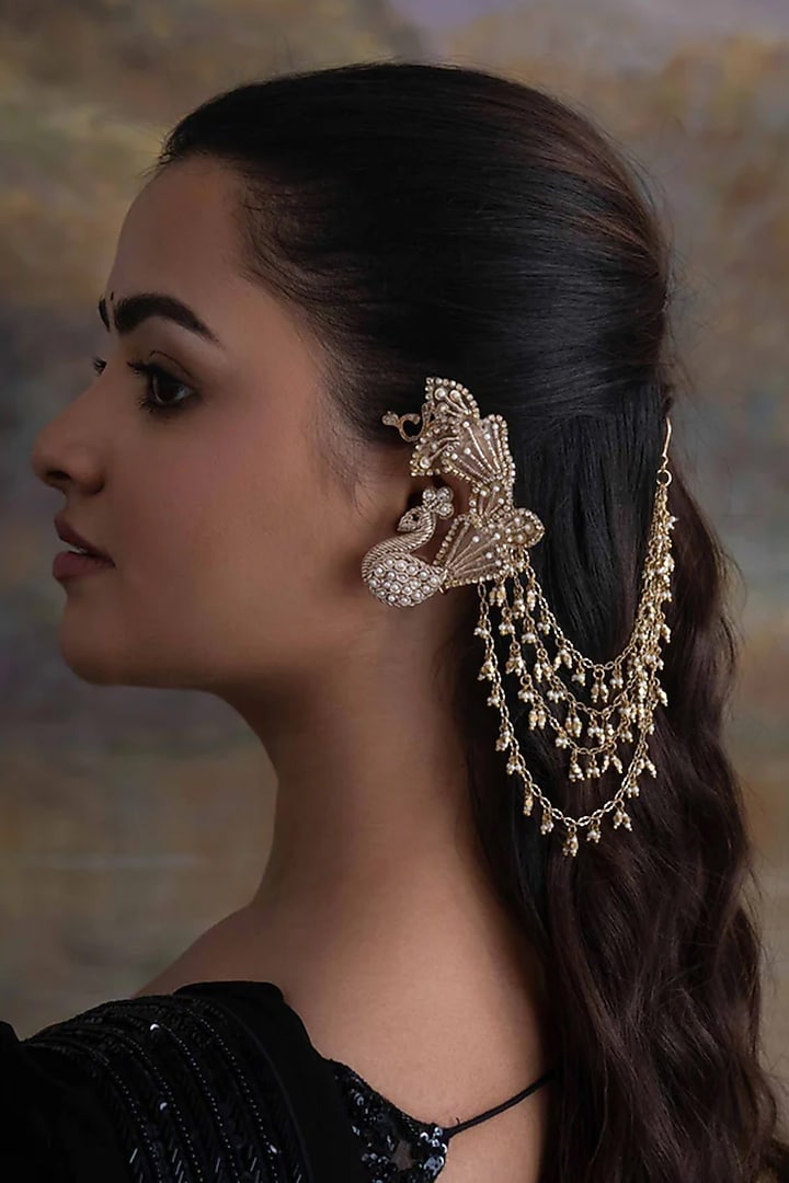 Gold Plated Cubic Zirconia & Faux Pearl Ear chains by AMAMA at Pernia's Pop Up Shop