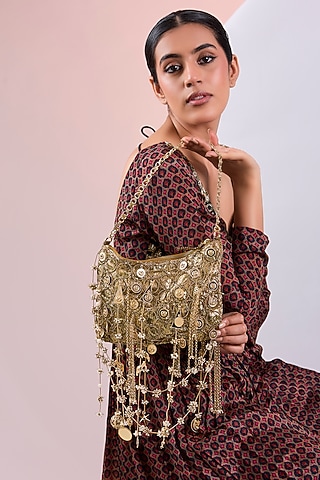 Antique Gold Plated Brass Metal & Faux Pearl Bag by AMAMA