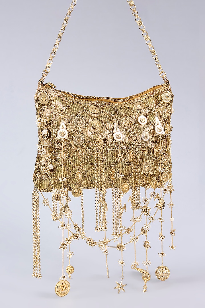 Antique Gold Plated Brass Metal & Faux Pearl Bag by AMAMA at Pernia's Pop Up Shop