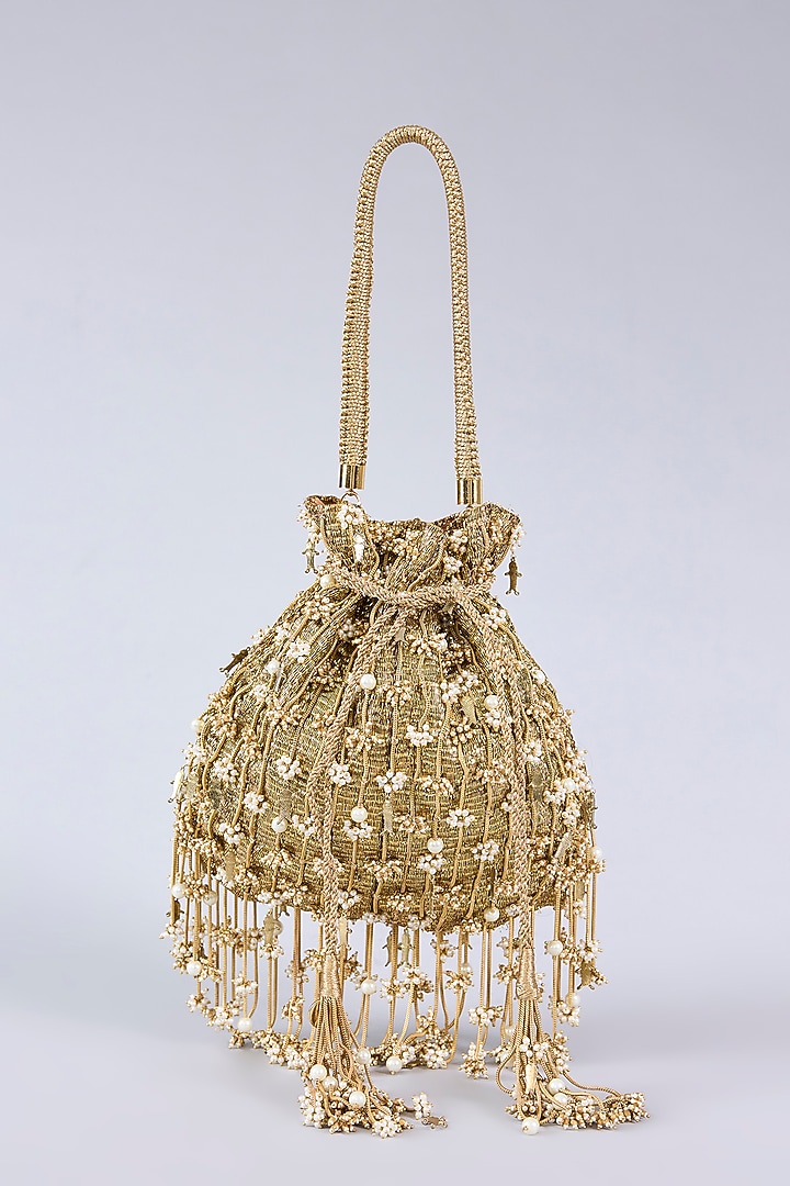 Antique Gold Plated Brass Metal & Faux Pearl Potli by AMAMA at Pernia's Pop Up Shop