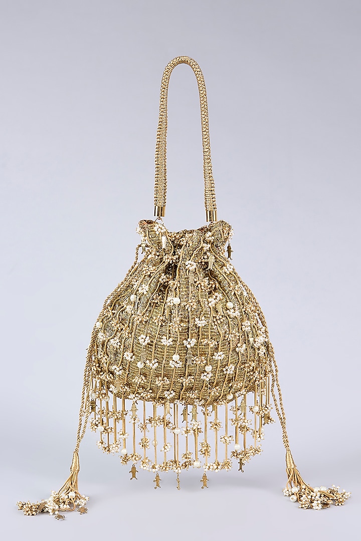 Antique Gold Plated Brass Metal & Faux Pearl Potli by AMAMA at Pernia's Pop Up Shop