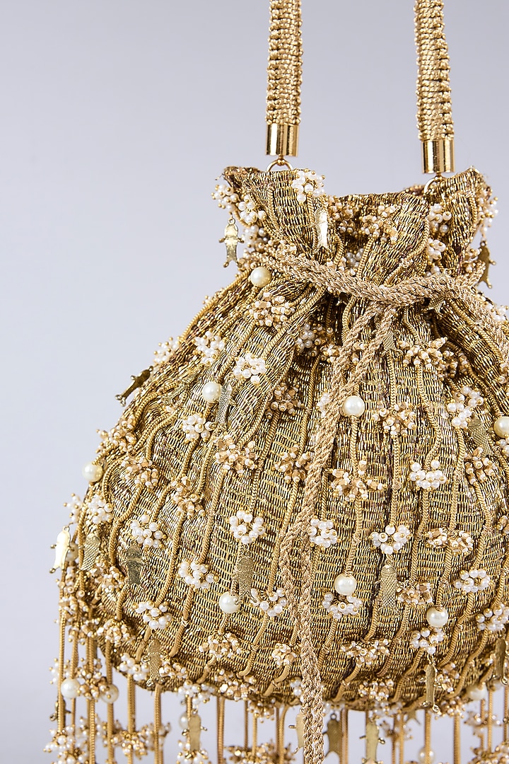 Antique Gold Plated Brass Metal & Faux Pearl Potli by AMAMA at Pernia's Pop Up Shop