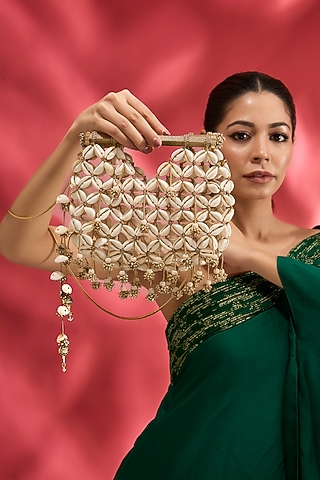 Gold Plated Brass Metal Cowrie Shell Woven Handheld Bag by AMAMA
