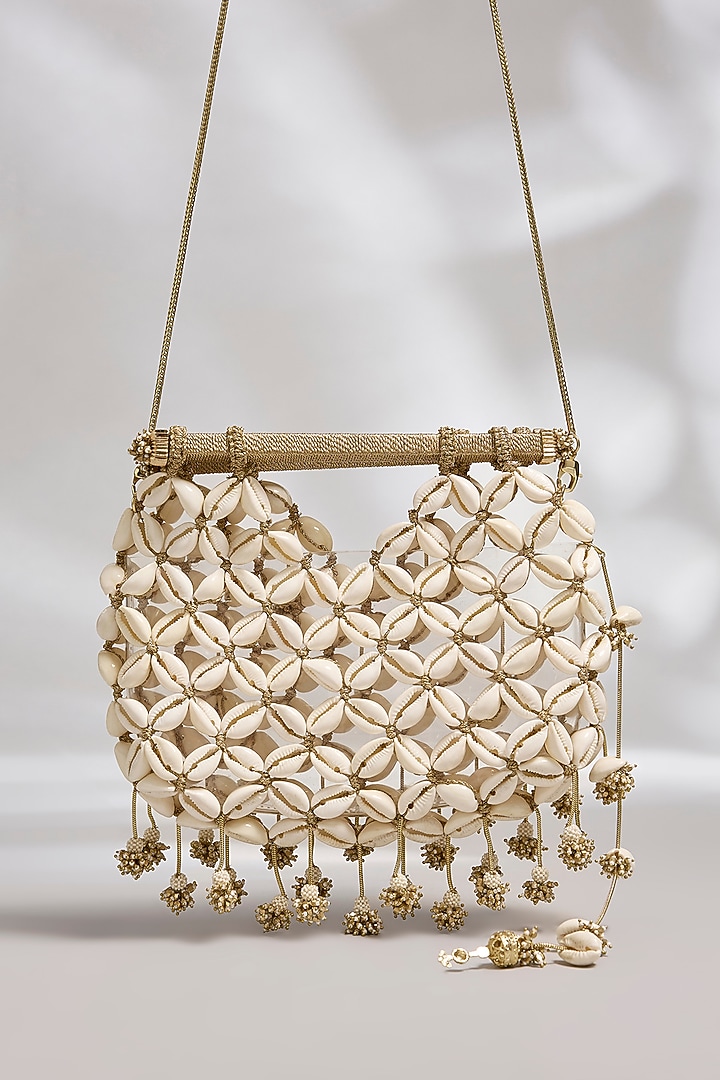 Gold Plated Brass Metal Cowrie Shell Woven Handheld Bag by AMAMA at Pernia's Pop Up Shop