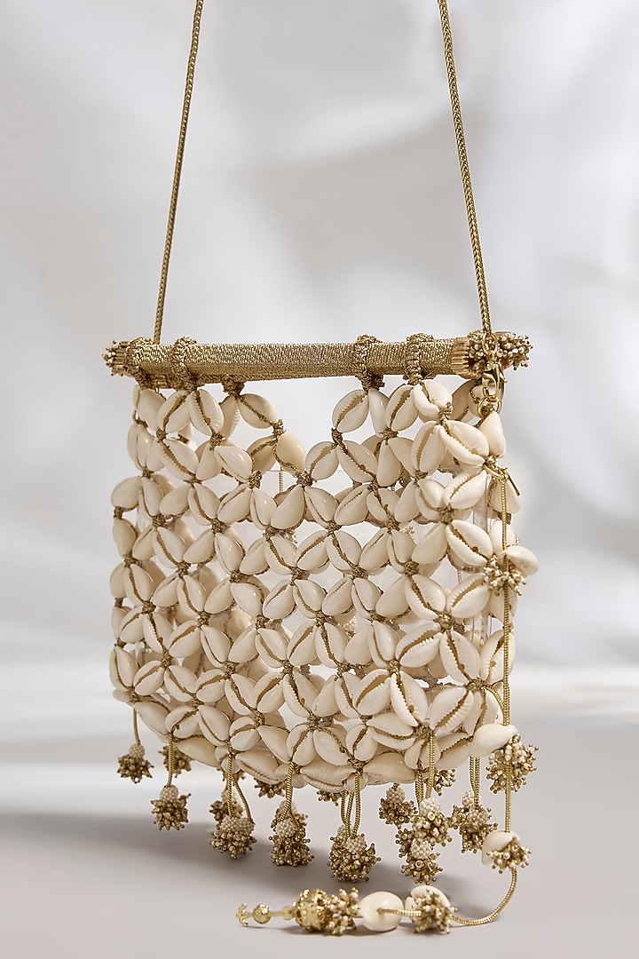 Gold Plated Brass Metal Cowrie Shell Woven Handheld Bag by AMAMA at Pernia's Pop Up Shop