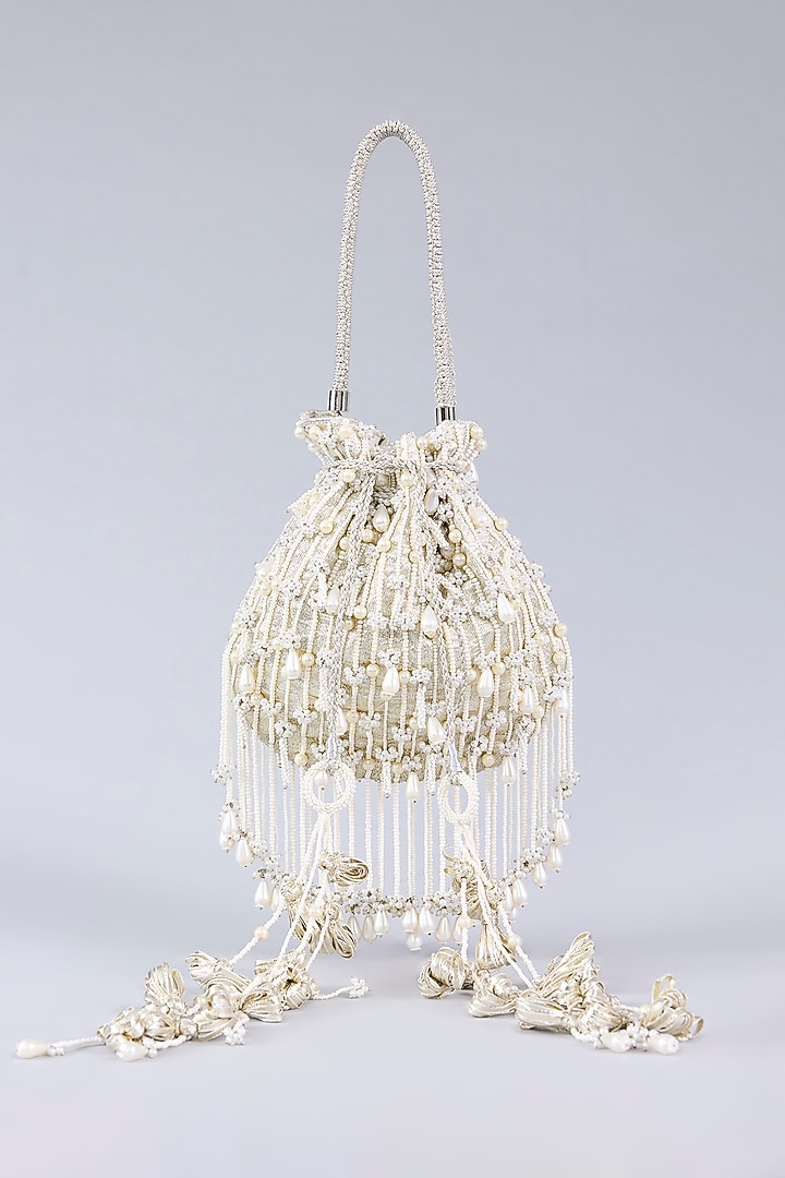White Brass Metal & Faux Pearl Potli by AMAMA at Pernia's Pop Up Shop