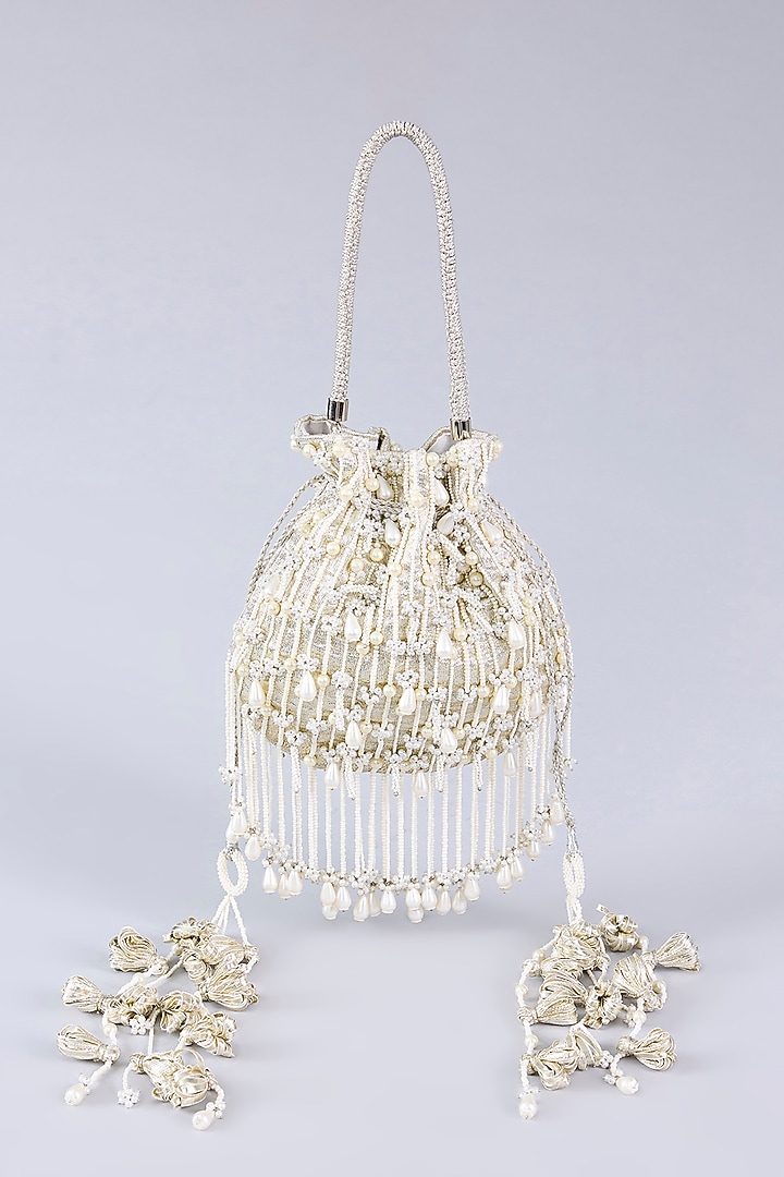 White Brass Metal & Faux Pearl Potli by AMAMA at Pernia's Pop Up Shop