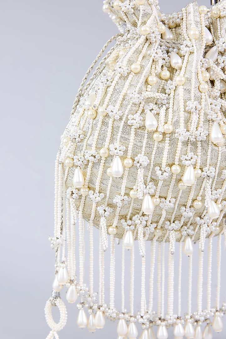 White Brass Metal & Faux Pearl Potli by AMAMA at Pernia's Pop Up Shop