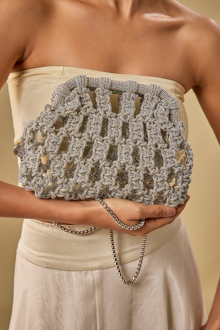 Silver Brass Metal Chaton Stones Embroidered Clutch Bag by AMAMA at Pernia's Pop Up Shop