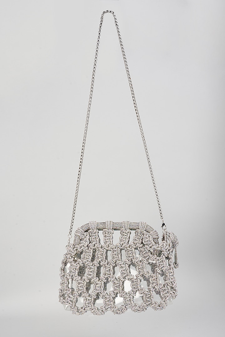 Silver Brass Metal Chaton Stones Embroidered Clutch Bag by AMAMA at Pernia's Pop Up Shop