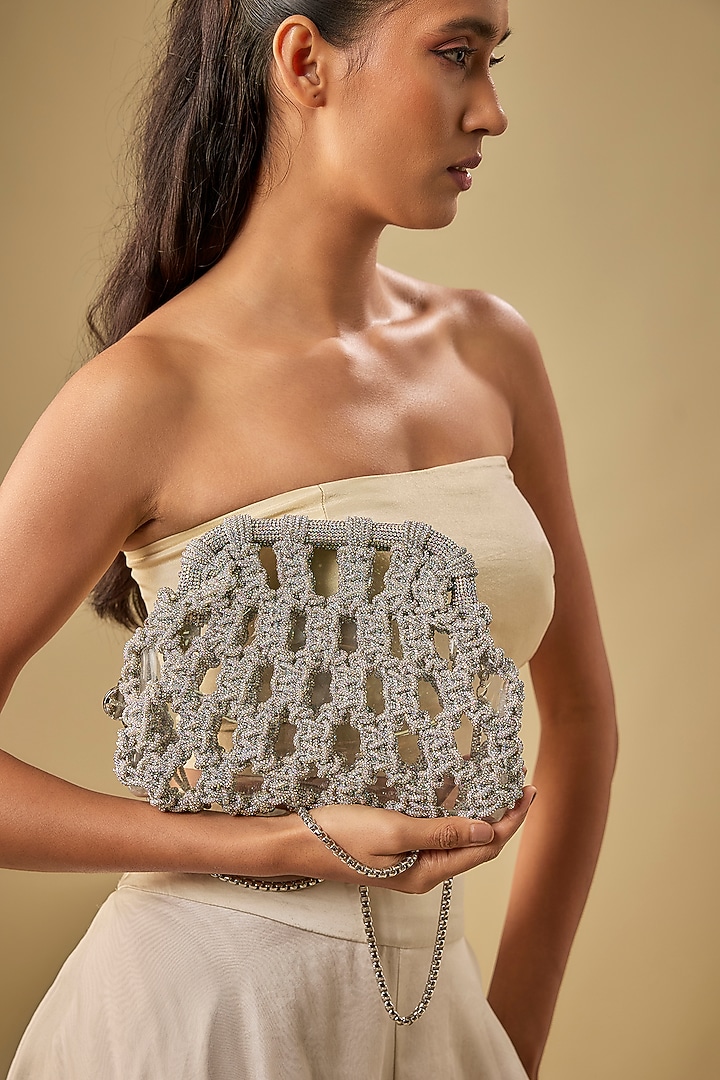 Silver Brass Metal Chaton Stones Embroidered Clutch Bag by AMAMA at Pernia's Pop Up Shop
