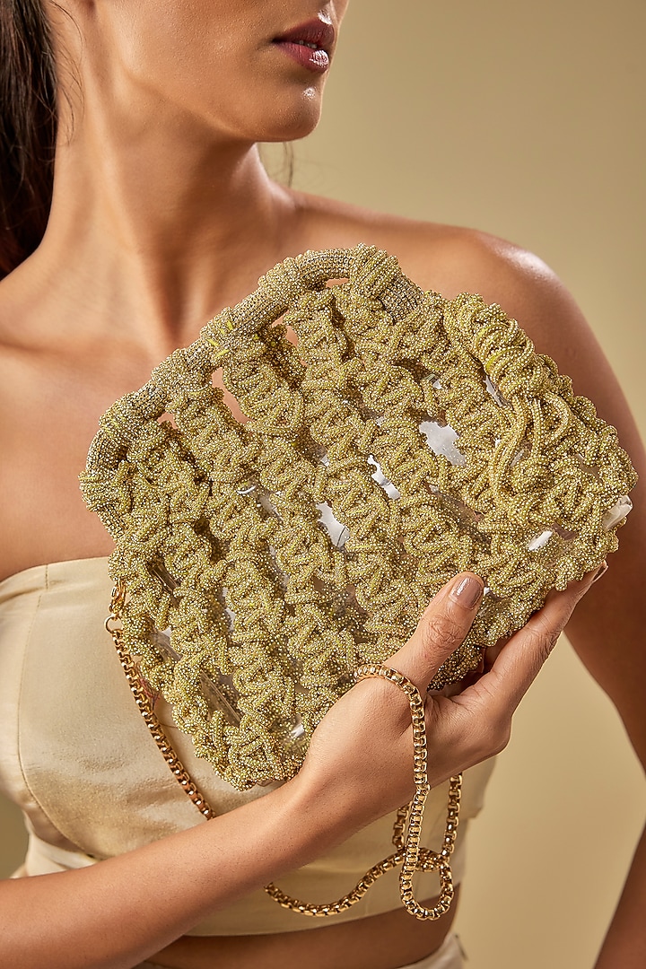 Gold Brass Metal Chaton Stones Embroidered Clutch Bag by AMAMA at Pernia's Pop Up Shop