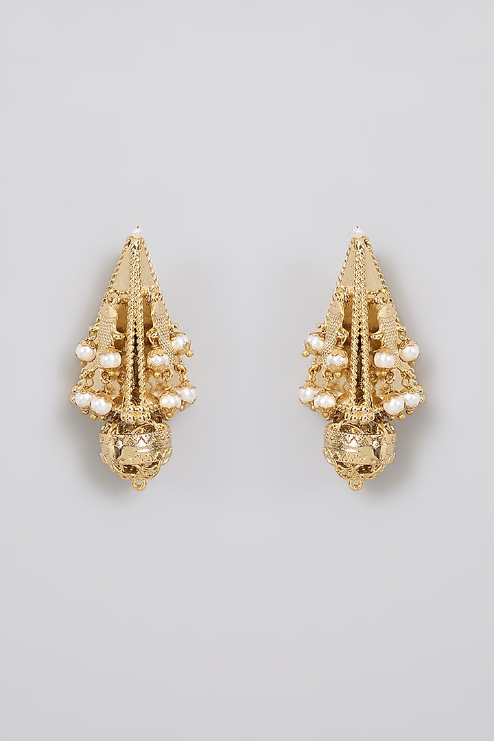 Antique Gold Plated Faux Pearl & Motif Stud Earrings by AMAMA at Pernia's Pop Up Shop