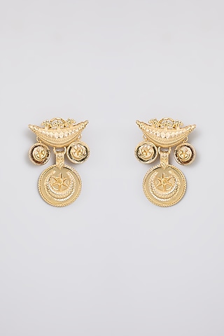 Antique Gold Plated Faux Pearl & Motif Stud Earrings by AMAMA